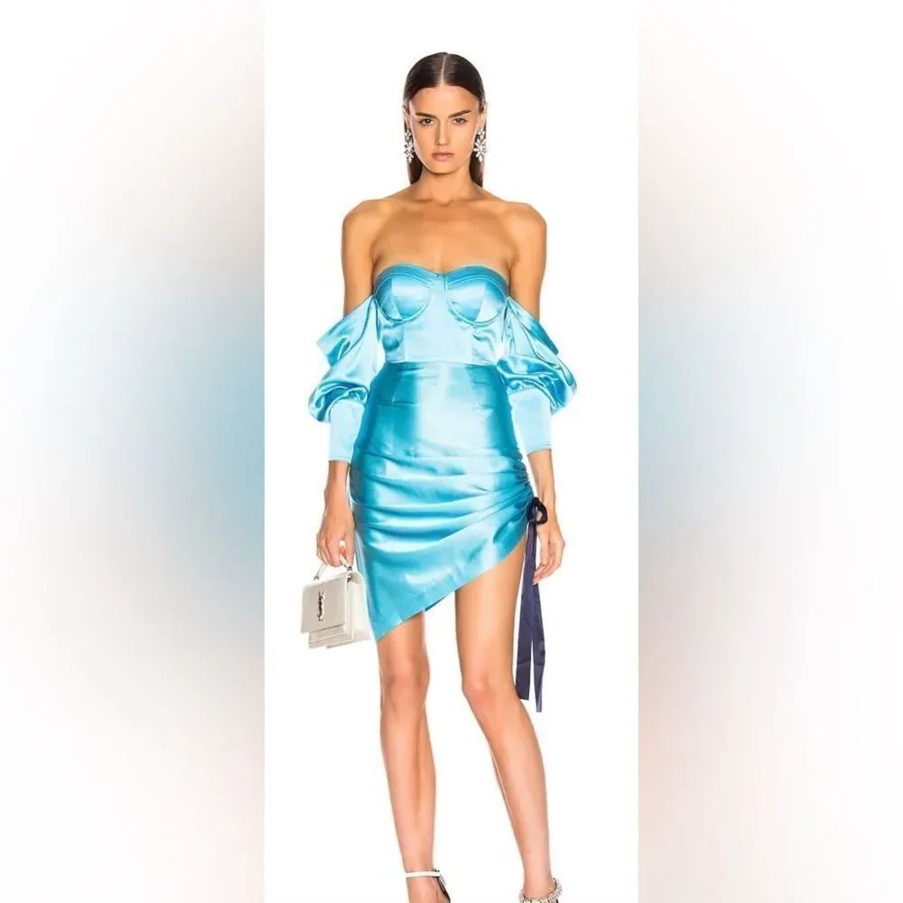 Retrofete  silk Elegant Blue Off-Shoulder Dress, S